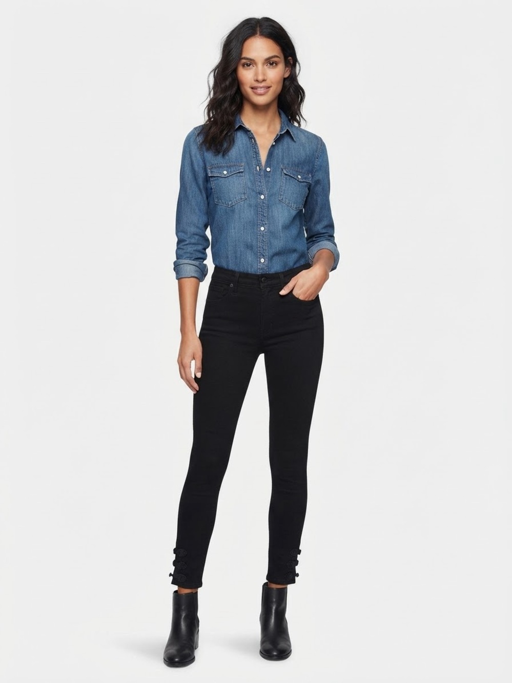 L'AGENCE Skinny Jeans Ankle Knot Button Detail Size 24 luxury chic minimalist